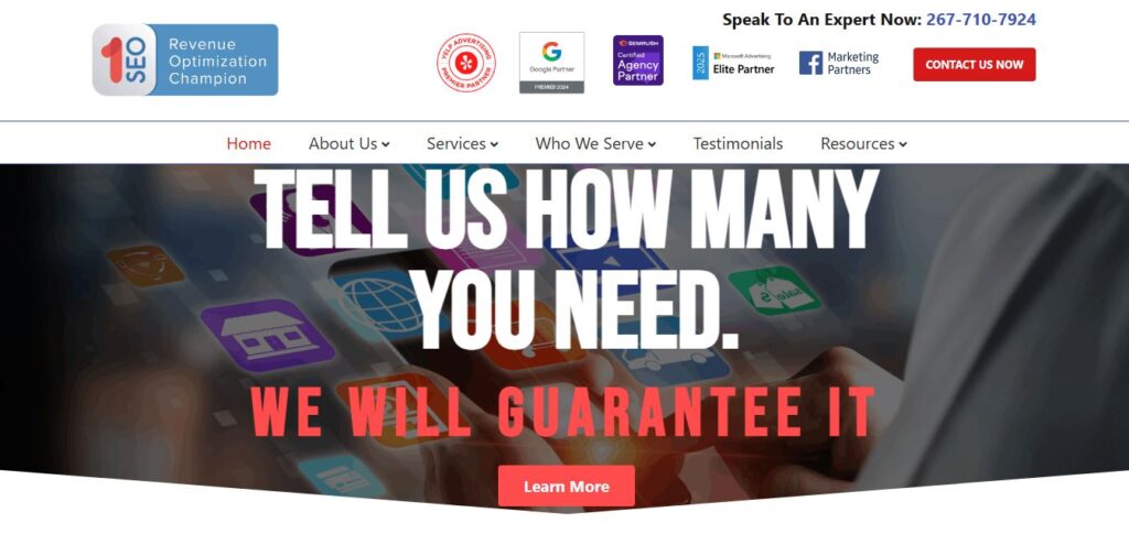 Hook Agency homepage for Revenue Optimization Champion: sleek navigation, contact, certifications, bold guarantee headline, "Learn More" button.