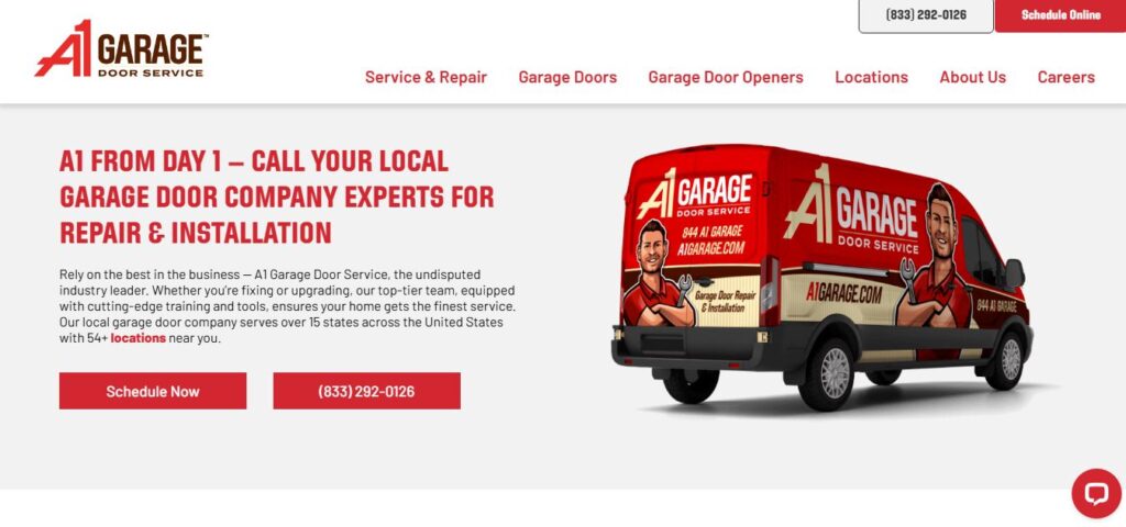 A1 Garage Door Service van with bold branding, key contact info, and a "Schedule Now" button on Hook Agency’s website.