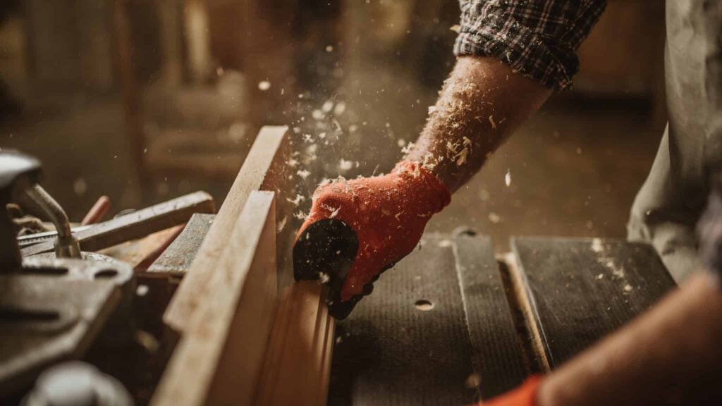 A craftsman wearing red gloves expertly wields a hand plane on a piece of wood, amid scattered wood shavings in a workshop. The blurred background accentuates the focus on skill and artistry, ideal for showcasing carpentry websites in 2024.