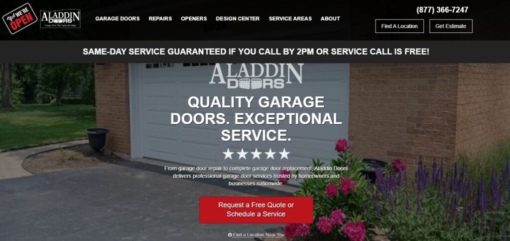 White garage door and flower garden; text: "Aladdin Doors—Top U.S. Garage Doors. Exceptional Service." Options to request quote or book service.