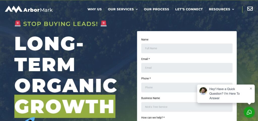 Hook Agency site screenshot: "STOP BUYING LEADS!" in red, "LONG-TERM ORGANIC GROWTH," contact form, and chat—2025 tree service marketing.