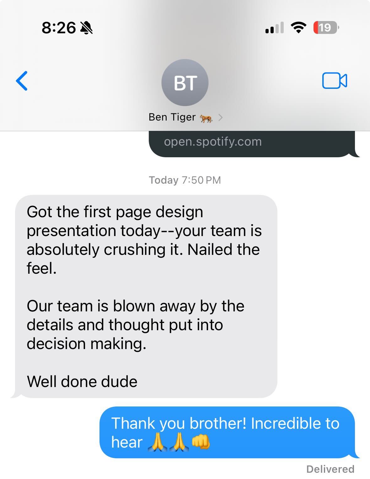 A phone screenshot showcases a text exchange where a client commends the Hook Agency team for flawlessly capturing the desired aesthetic and demonstrating exceptional attention to detail. In response, gratitude and enthusiasm are expressed, reflecting the positive acclaim for Hook Agency's outstanding work.