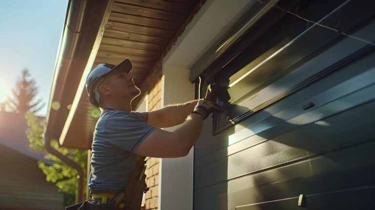 Garage door technician in cap and gloves repairs door outside, showcasing top U.S. service; trees and homes in background.