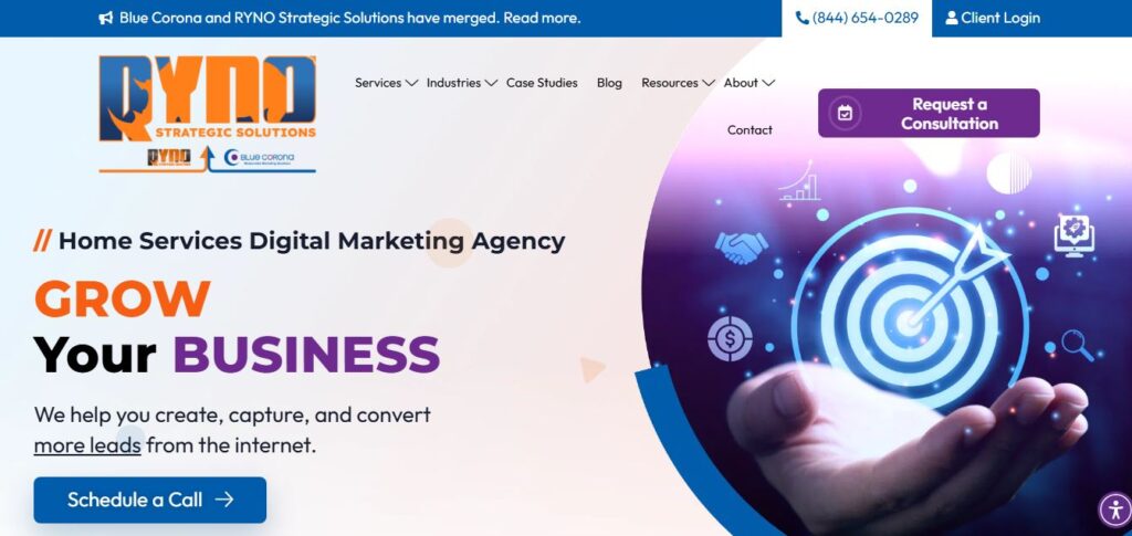 Hook Agency homepage with navigation, “Request a Consultation” button, and 2026 digital marketing for contractors visual.