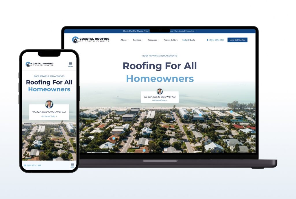 A smartphone and laptop showcase Coastal Roofing of South Florida’s homepage, featuring a mobile-optimized design with aerial views of a coastal neighborhood and the headline “Roofing For All Homeowners.”.