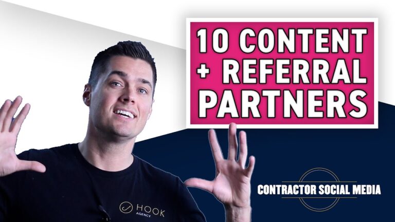Social Media Marketing for Contractors FREE Course - A person in a black shirt gestures emphatically, accompanied by bold text: "10 Content + Referral Partners." The bottom right corner reads "Contractor Social Media," underscoring the impact of course-driven collaborations in the digital arena.
