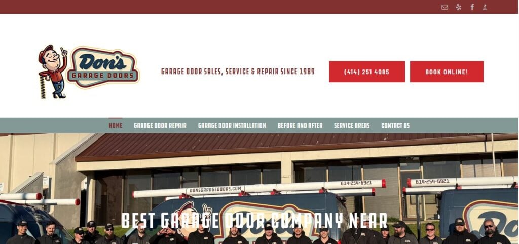 Screenshot of Don’s Garage Doors homepage with logo, menu, red contact buttons, and staff in front of branded vans—client success.