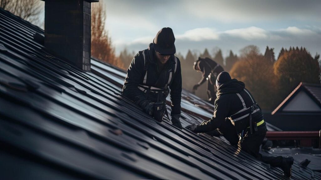 Roofing professionals in safety harnesses repair a metal roof, highlighting Hook Agency’s focus on safety and quality workmanship.