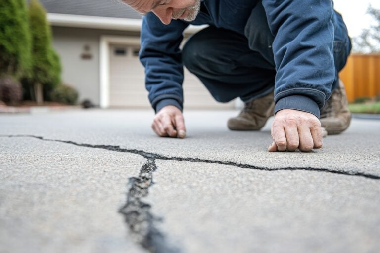 A professional in work attire inspects and repairs a large crack in a driveway near a home and garage, demonstrating the thorough care offered through our Electrician PPC service calls.