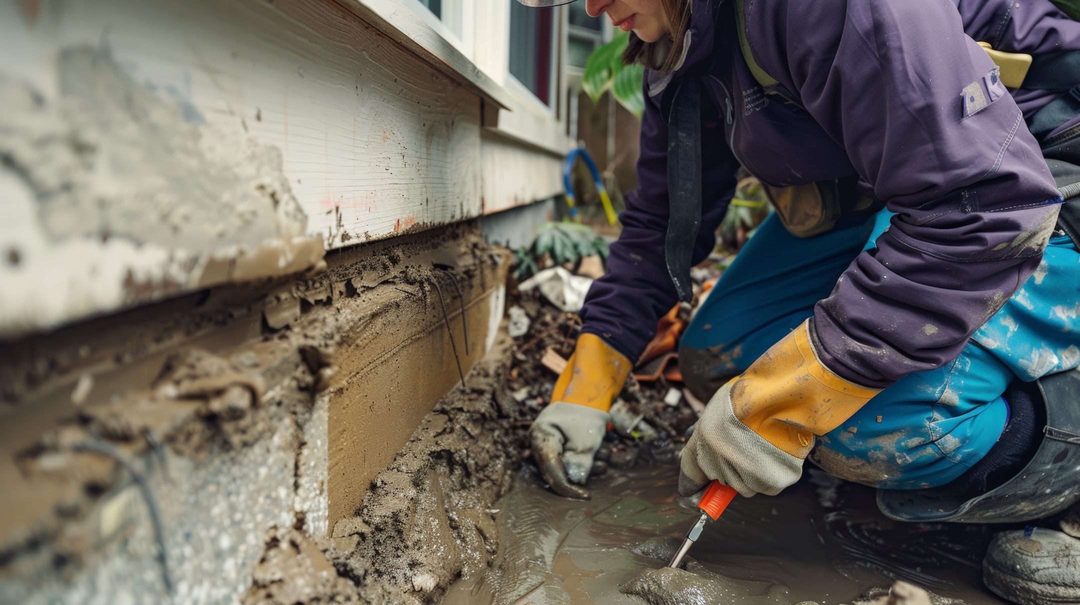 Show a skilled professional in protective gear repairing a water-damaged house foundation—an image that powerfully targets Electrician PPC campaigns for property restoration services.