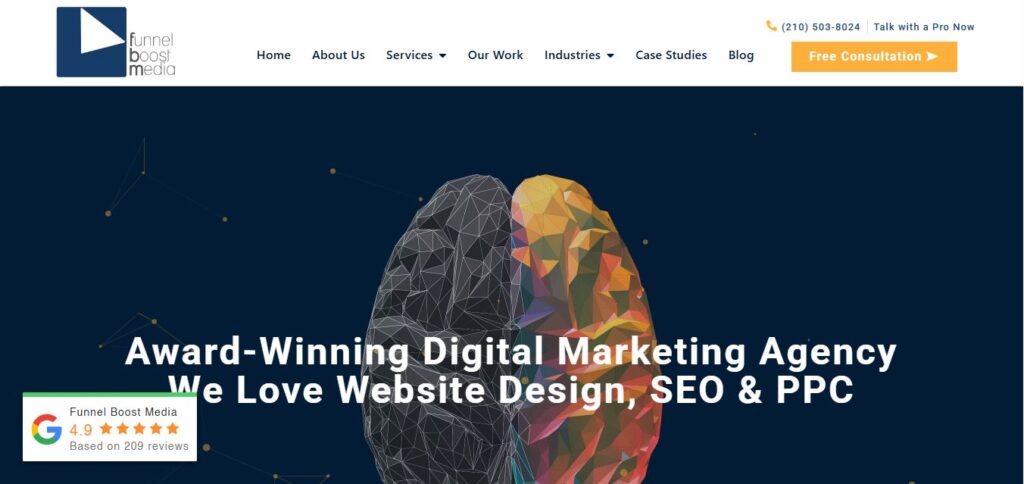 Hook Agency homepage with geometric brain graphic, logo, navigation, contact info, Free Consultation button, awards list, Google rating.