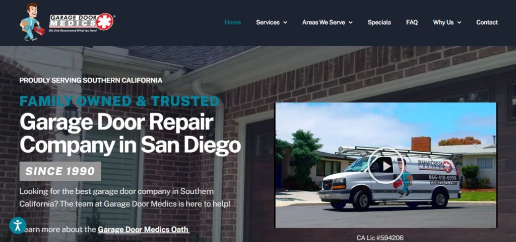 Screenshot of Garage Door Medics site: brick house, branded van, and text promoting top San Diego garage door experts since 1990.