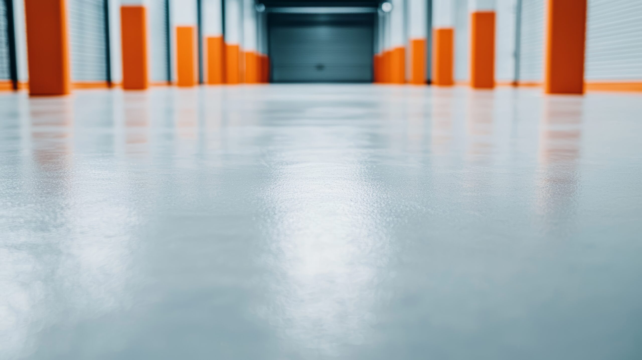 Experience the striking depth of our long corridor, featuring a polished concrete floor and bold orange pillars. The journey draws you towards the distinct focal point—a closed garage door that invites curiosity and exploration.