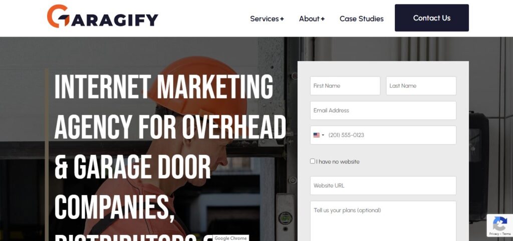 Screenshot of Garagify’s homepage: slogan, contact form, and navigation links for Services, About, and Case Studies.