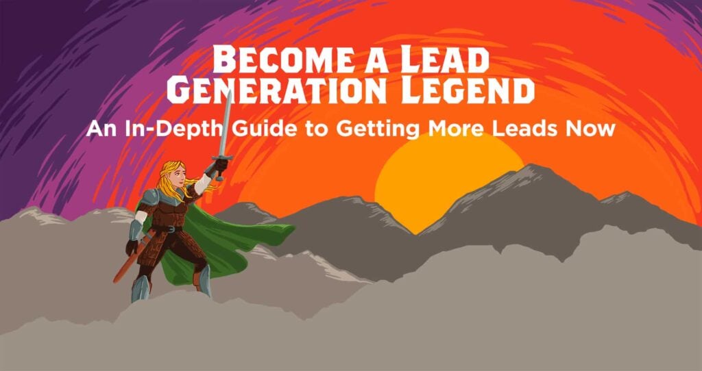 **Illustration**: A knight with a sword atop a mountain peak, framed by a vibrant sunset.
**Text**: "Master Lead Generation in 2024 - Your Comprehensive Guide to Boosting Leads Now.
