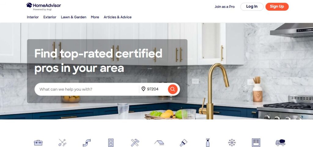 HomeAdvisor homepage with search bar for certified pros and lead gen, set against a modern kitchen with white and blue cabinetry.