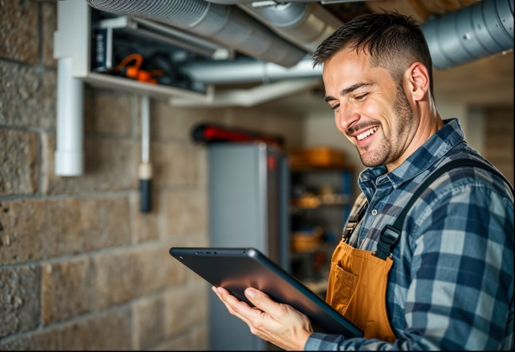 On Hook Agency's website, an image features a confident man in plaid and overalls standing amidst industrial machinery. With focused intent, he examines lead generation data on his tablet, boosting his efficiency and productivity.