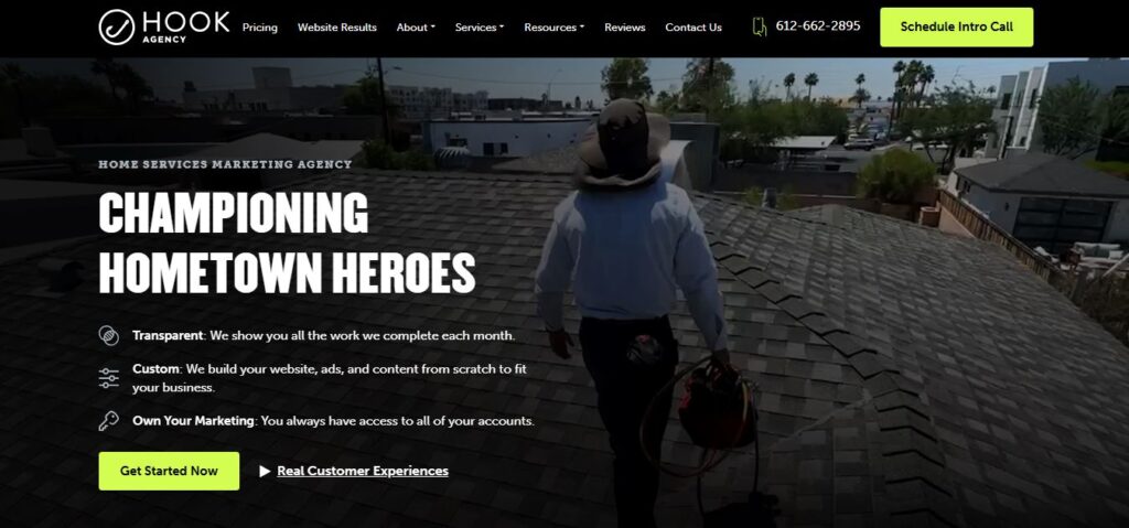 Person in white shirt and hat walks on roof. Hook Agency header: "Championing Hometown Heroes" offers tree company lead generation. Yellow "Schedule Intro Call" button.