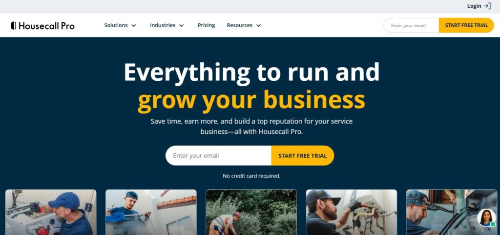 Screenshot of Housecall Pro homepage showcasing tools for HVAC businesses: sign-up form, clear headline, service contractor images.
