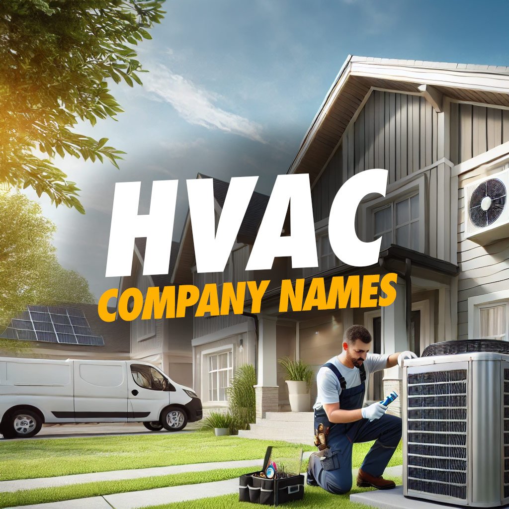 HVAC Company Names - An HVAC technician is shown kneeling beside a modern home's outdoor unit, equipped with solar panels. A work van stands by for the next assignment. The text prominently displays "Reliable HVAC Company Names," emphasizing innovation and sustainability on a bright, sunny day.