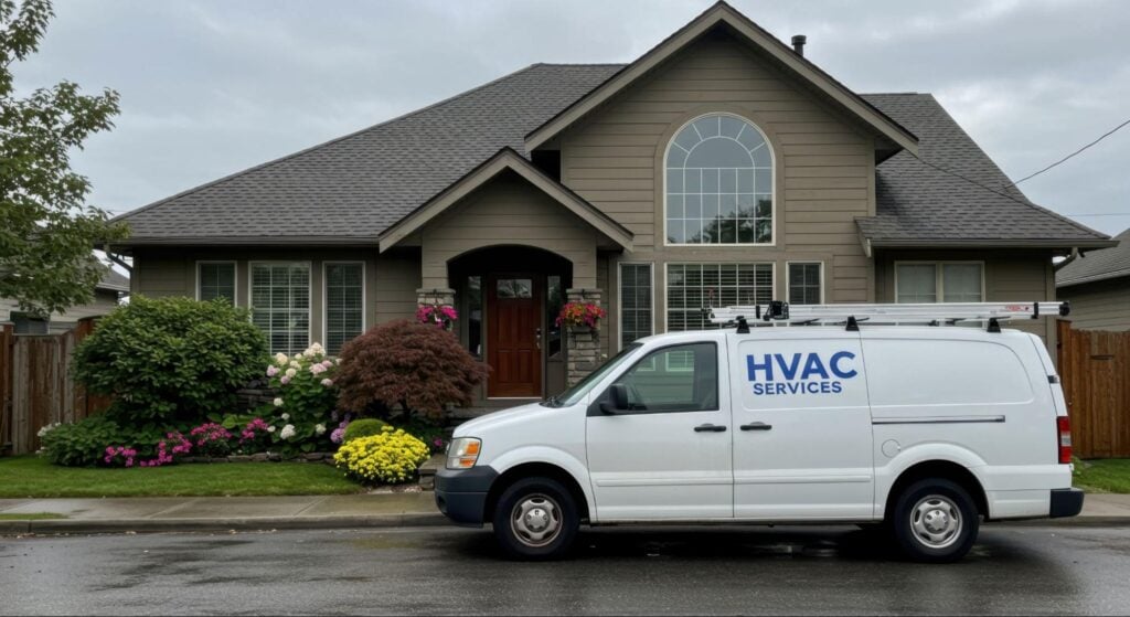 HVAC Services van from a trusted company parked by a gray-sided suburban home with large windows and a landscaped yard.