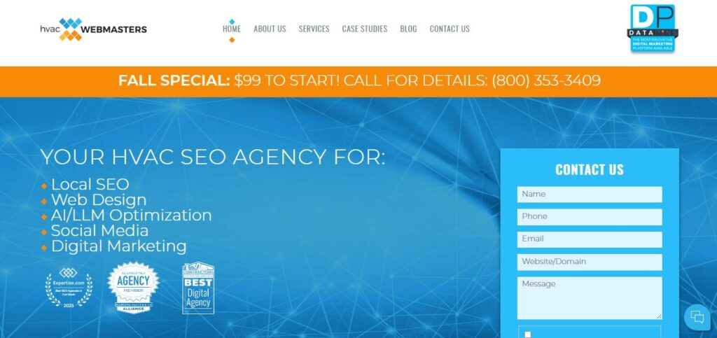 Screenshot of Hook Agency homepage with fall special offer, contact form, and 2026 digital marketing services for HVAC contractors.