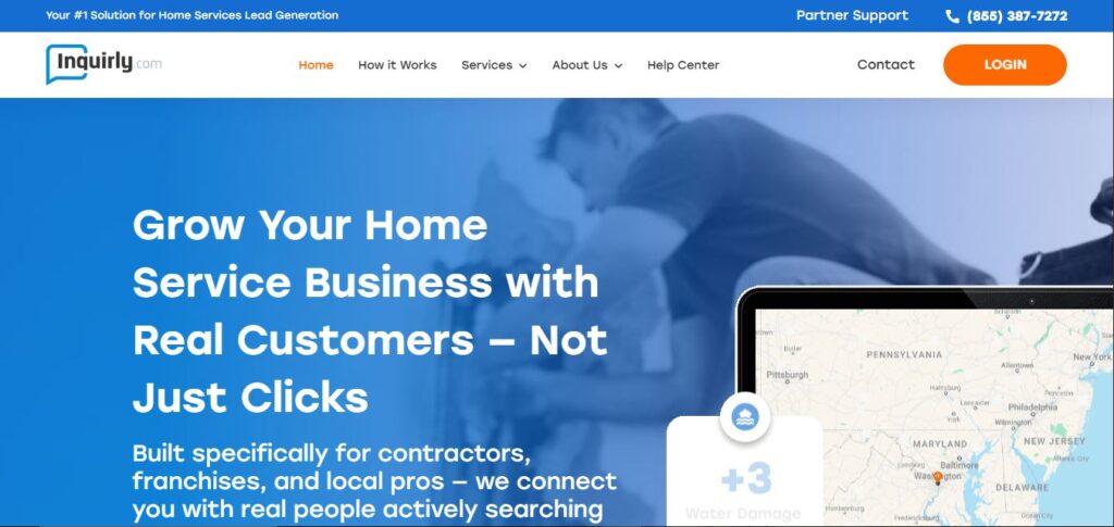 Screenshot of Inquiry.com's homepage on Hook Agency’s site, blue theme, navigation, lead gen headline, map, phone number, Tree Service Leads.