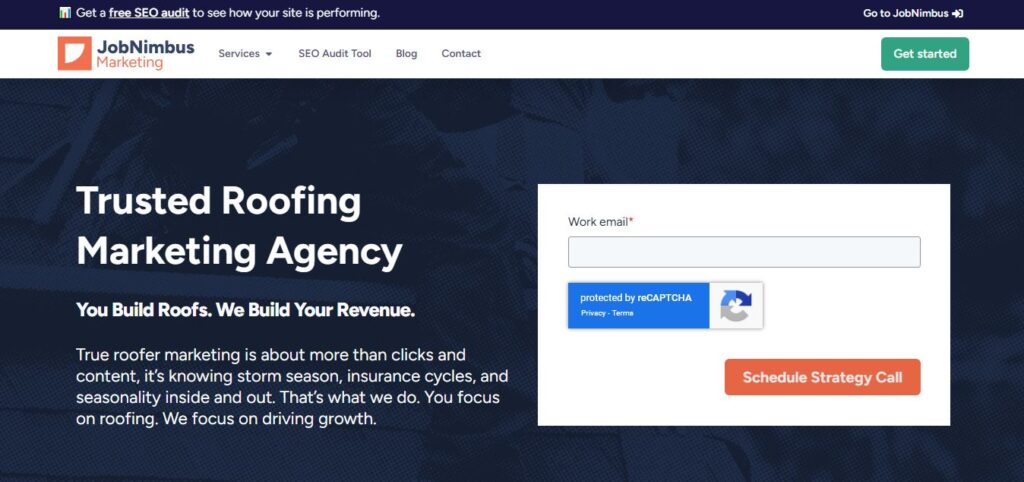 Screenshot of Hook Agency page offering roofing marketing services, website builder, email form, reCAPTCHA, and CTA buttons.
