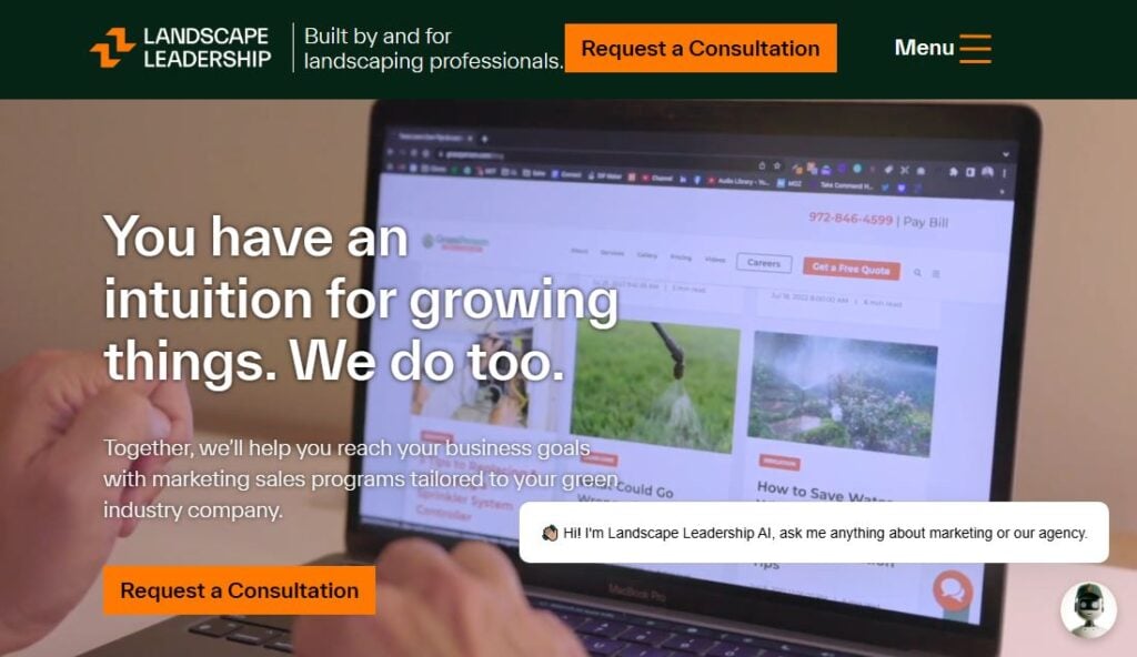Laptop showing Hook Agency’s Tree Company Marketing site: business growth content, navigation, chat popup, plant images, and “Request a Consultation” button.