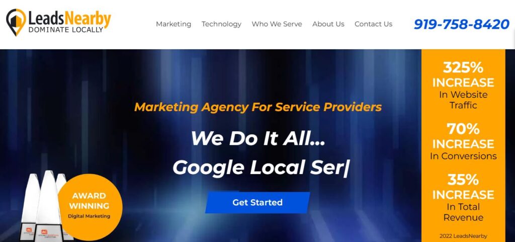 Hook Agency homepage spotlighting LeadsNearby’s 2026 awards, top contractor results, and a clear “Get Started” call to action.