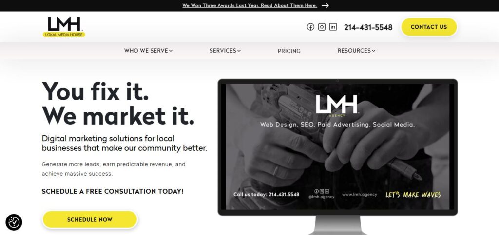 Screenshot of Hook Agency homepage with bold "You fix it. We market it." text, service display, yellow "Schedule Now" button, and black header.