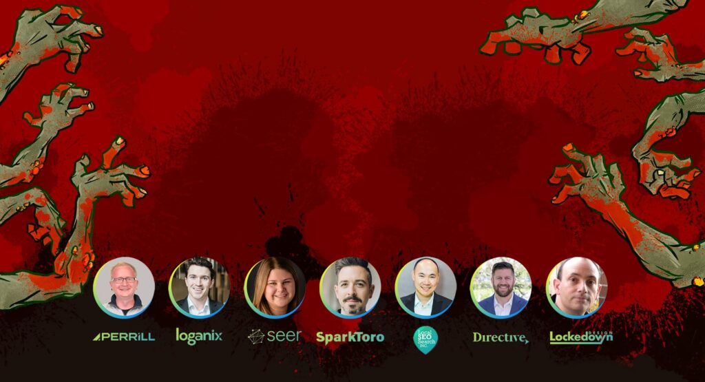On Hook Agency's website, seven individuals are featured in circular frames set against a dark red backdrop, evoking looks from a marketing guide. Above them, stylized zombie hands extend downward. The companies represented below each portrait are Perrill, Loganix, Seer, SparkToro, SEO8, Directive, and Lockdown.