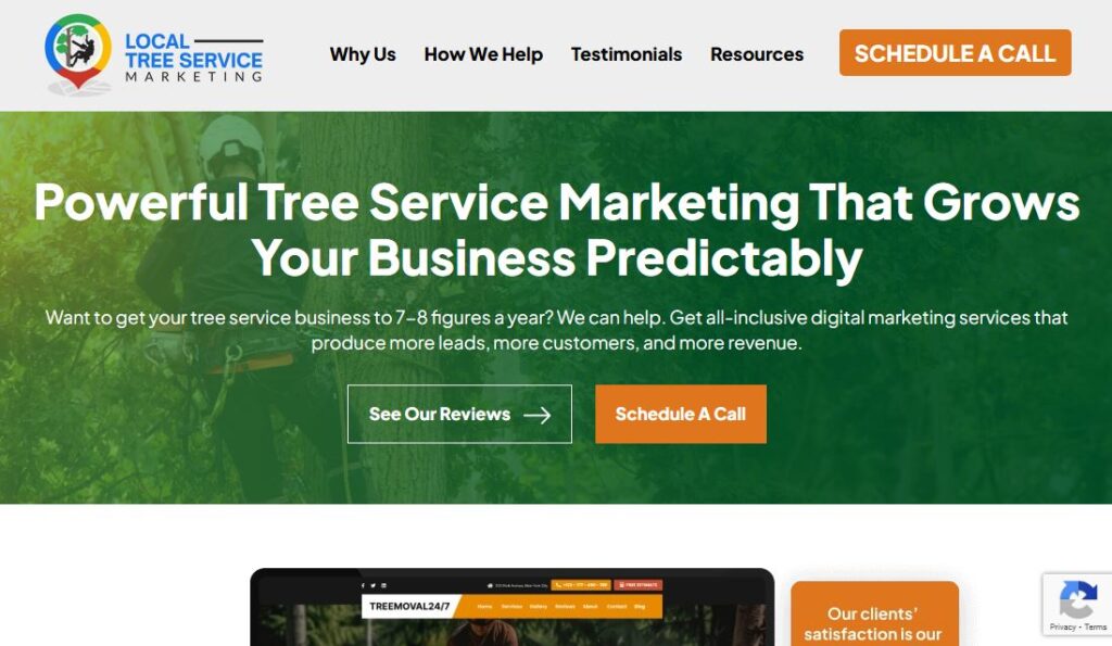 Hook Agency’s Local Tree Service Marketing homepage with navigation, bold growth headline, and clear review/schedule call buttons.