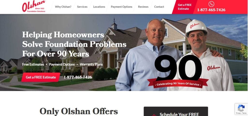 Olshan Foundation Solutions homepage screenshot with two men, 90 years’ expertise, and a free estimate offer featured.
