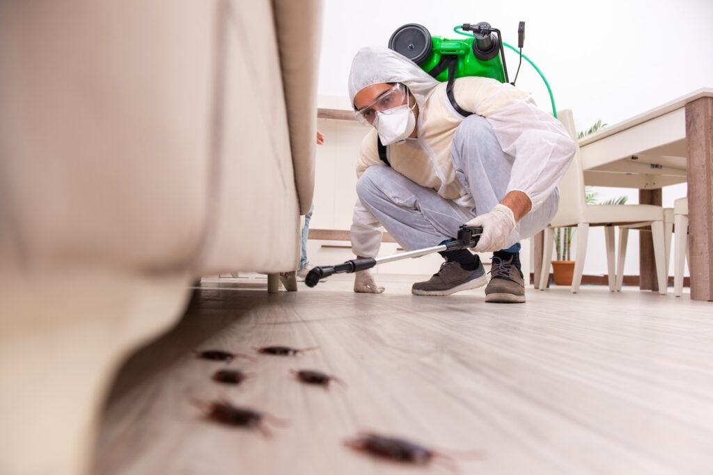 A pest control specialist in protective gear treats under a sofa to eliminate cockroaches on a hardwood floor—demonstrating the strong demand and profitability of pest control within today's home services market.