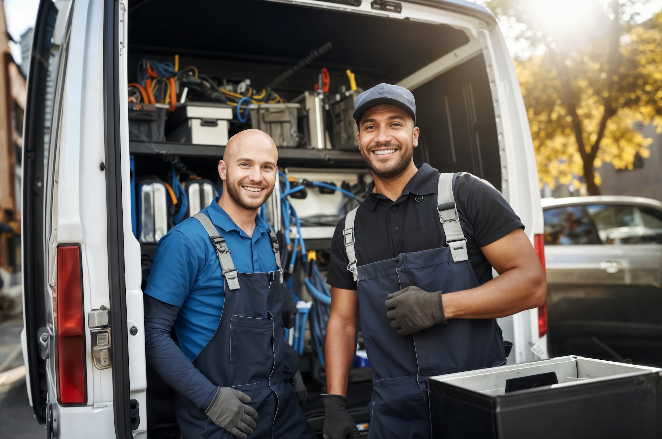 HVAC professionals in uniforms and gloves stand by a well-equipped van, ready for work—showcasing expert LSA management.