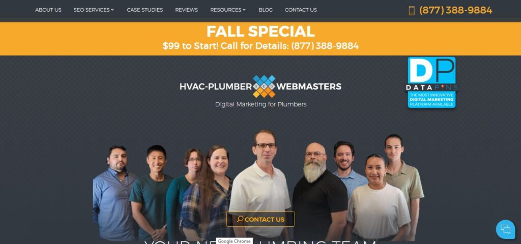 Fall special: Plumbing Web Design for contractors, $99 to start. Team shown below. Contact info and blue DP DataPins logo included.