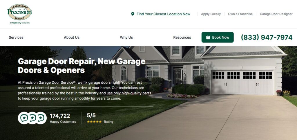 Hook Agency garage door service site screenshot: logo, contacts, menu, 3-door photo, services, reviews, "5/5 Rating" badge.