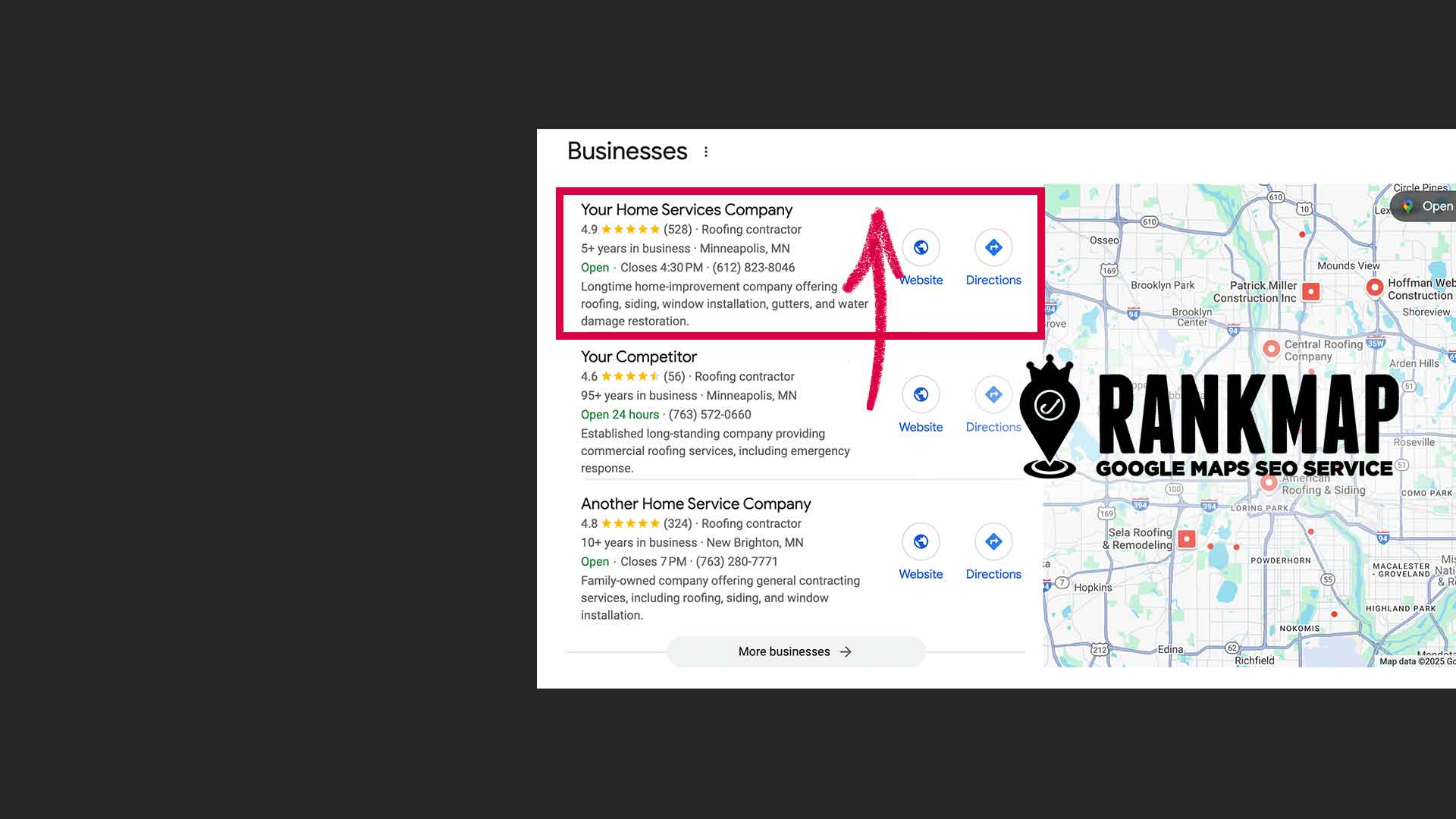 **Graphic Description:** Display featuring a Google Maps search result with "Your Home Services Company" prominently highlighted. Showcased are 5-star reviews and business hours, emphasizing the business's standout visibility. An arrow further highlights its prominence. Adjacent to this is a partial map alongside the "RankMap Google Maps SEO Service" logo.
.