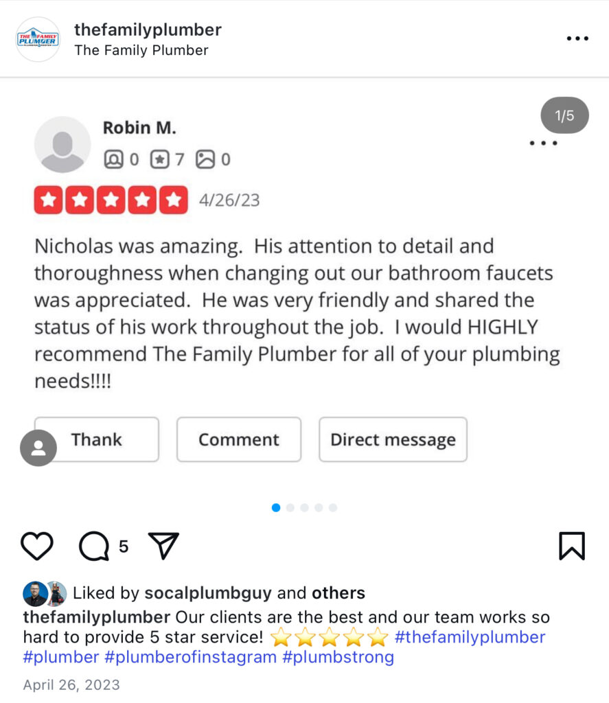 Showcase Your 5-Star Reviews to Win More Calls Highlight your best customer feedback—like this 5-star Google review from Robin M., who praised Nicholas at The Family Plumber for his thorough, friendly faucet service. Sharing real results builds trust and drives new business. Plumbing Advertising Tip: Feature authentic reviews across your website and social media. Hashtags like #5StarService amplify your reputation and keep the phone ringing. Ready to get started? Contact Hook Agency for more plumbing marketing ideas that work.