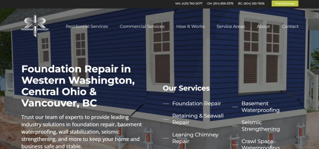 Hook Agency website screenshot with a blue house, listing foundation repair, waterproofing, and seismic services. Header has contact info.