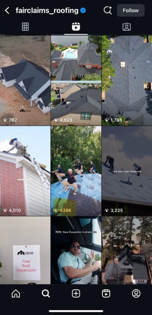 See @fairclaims_roofing’s Instagram: roofing projects, inspections, and teams—authority-building posts that drive homeowner leads.