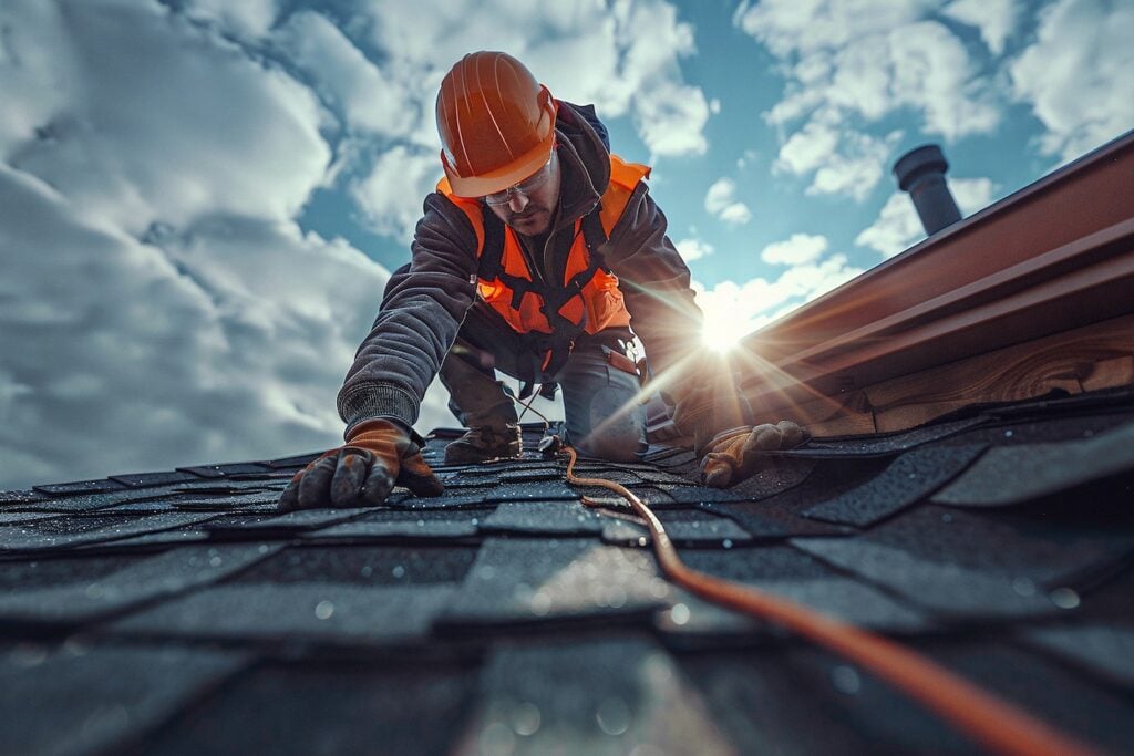 A construction worker in full safety gear—hard hat, vest, and safety rope—installs shingles on a rooftop under a bright sky. This image represents the professionalism and care you can expect during your free roof inspection with Hook Agency.