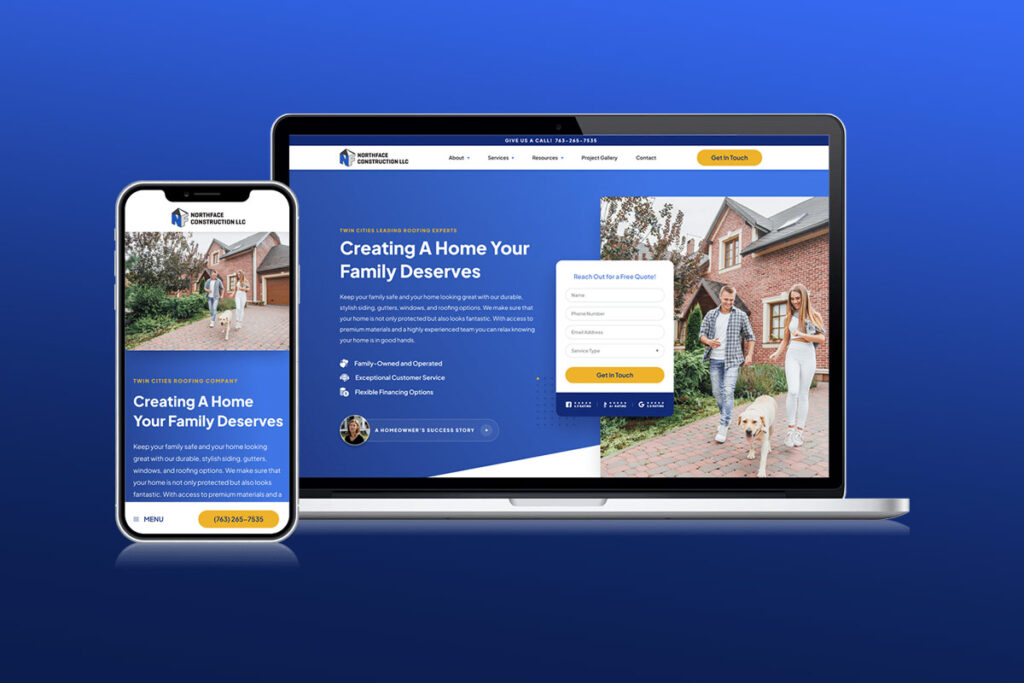 Roofing SEO Website Design Inspiration 2024-2025 Displayed on both a smartphone and laptop, the real estate website features a clean and professional design with blue, white, and yellow accents. The homepage prominently shows a family walking outside a brick house, subtly incorporating roofing web design elements. At the forefront is the compelling tagline “Creating A Home Your Family Deserves,” alongside accessible contact options for immediate engagement.