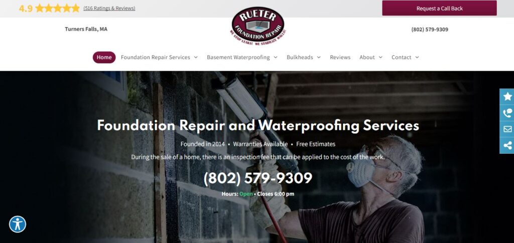 A masked worker applies sealant to a basement wall. Hook Agency’s website features top U.S. foundation repair and clear navigation.