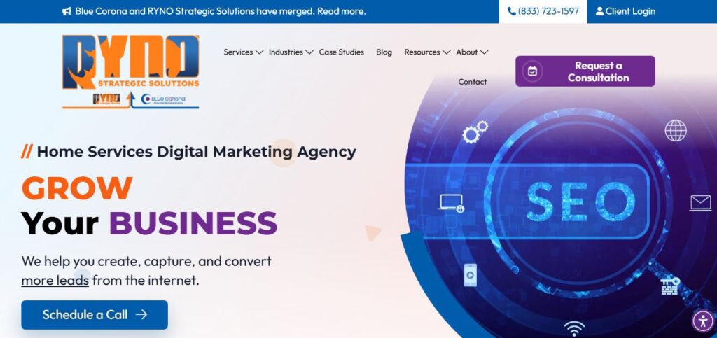 Screenshot of RYNO Strategic Solutions homepage with blue-orange header, logo, navigation, “Grow Your Business” text, and SEO graphic.