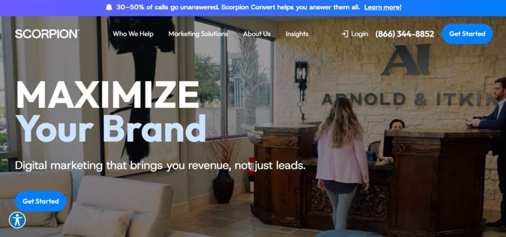 Hook Agency homepage with "MAXIMIZE Your Brand" banner, digital marketing subheading, reception area, and Arnold & Itkin logo.