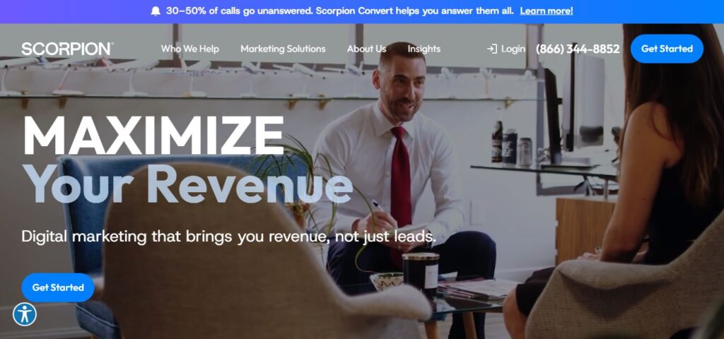 Business professional in suit meets with client. Text: "Maximize Your Revenue—Digital marketing for contractors.” Blue Get Started buttons.