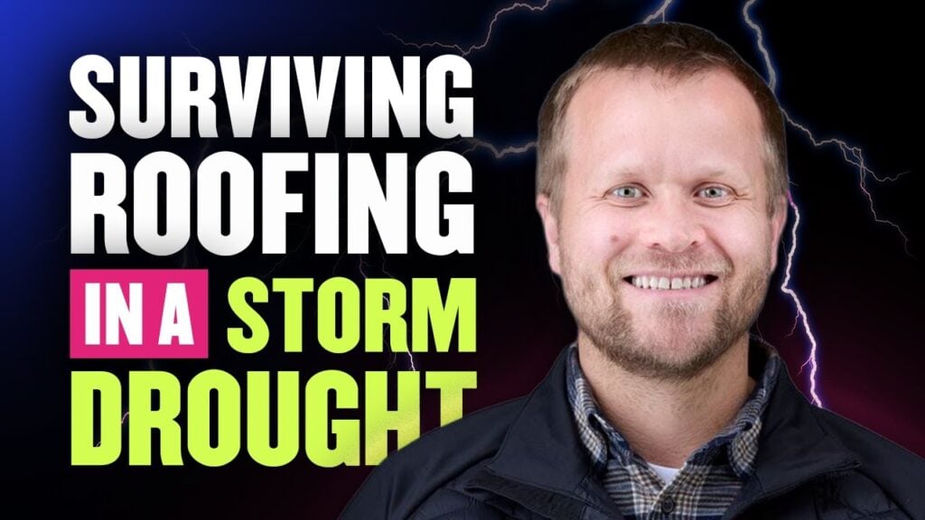 Smiling man in jacket stands before lightning-lit backdrop. Text: "Surviving roofing in a storm drought" with "in a" in pink.