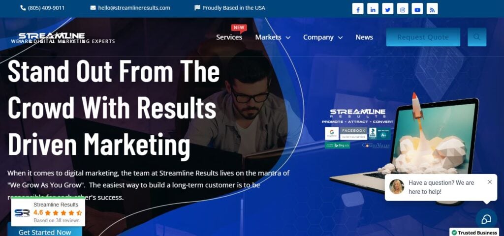 Screenshot of Streamline Results homepage on Hook Agency site; bold PPC message, man at laptop, rocket launch graphic, contact info top.